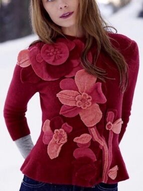 Anthropologie Red Floral Appliqué Button-Front Cardigan